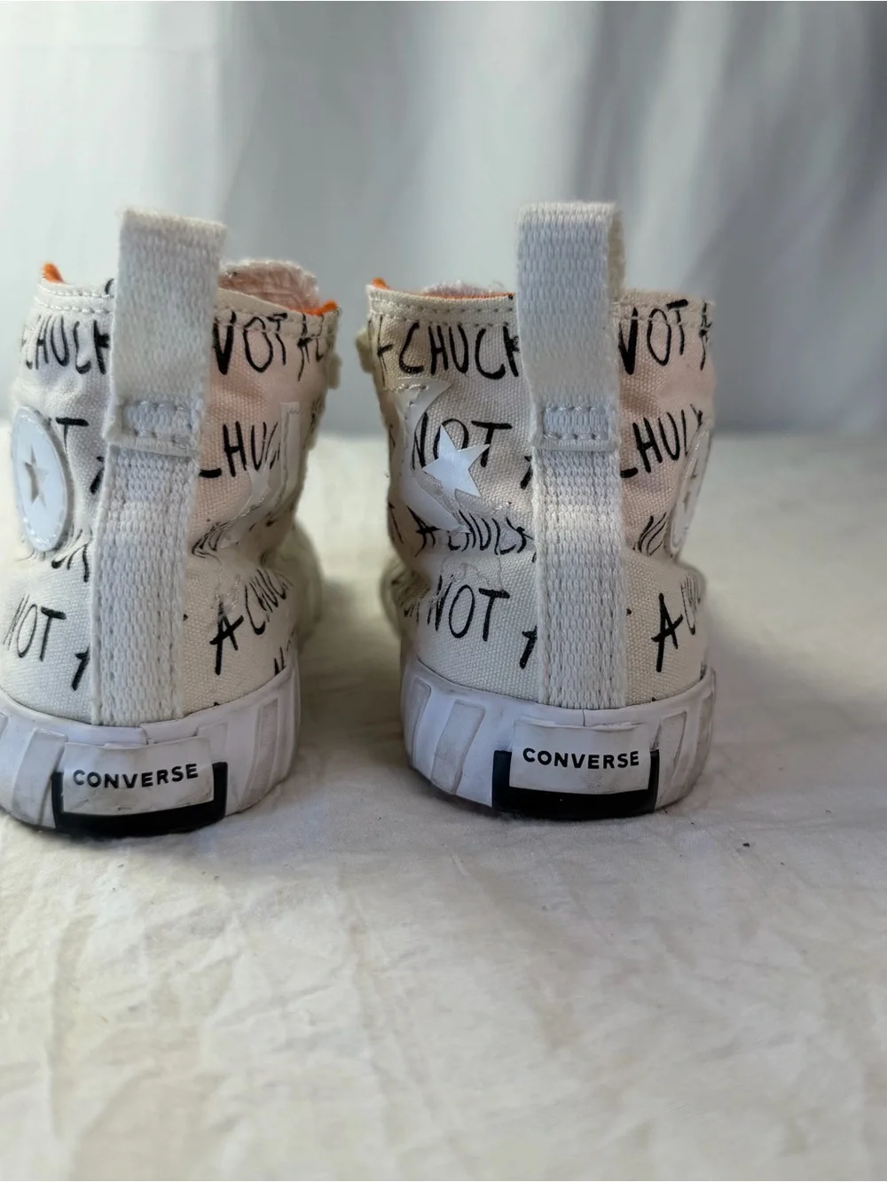 Converse High-Top Toddler sz 8 White & Orange Sneakers - 'Not a Chuck' Graphic